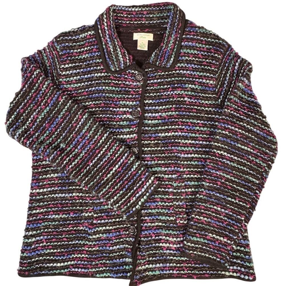 Laura Ashley Petite Multicolor Striped Wool Blend Cardigan Jacket Size L